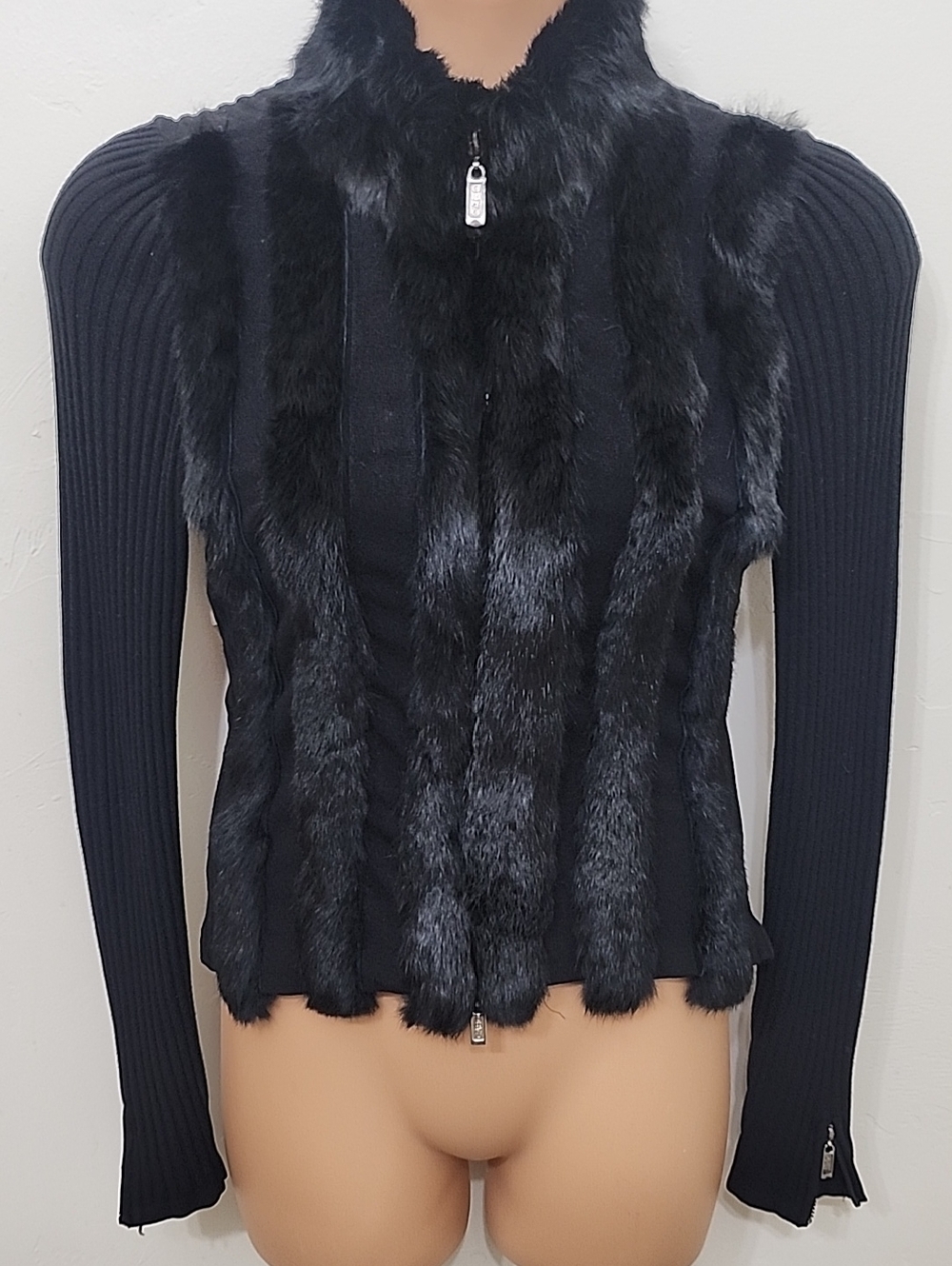 Black Rabbit Fur Front Zip Cardigan
